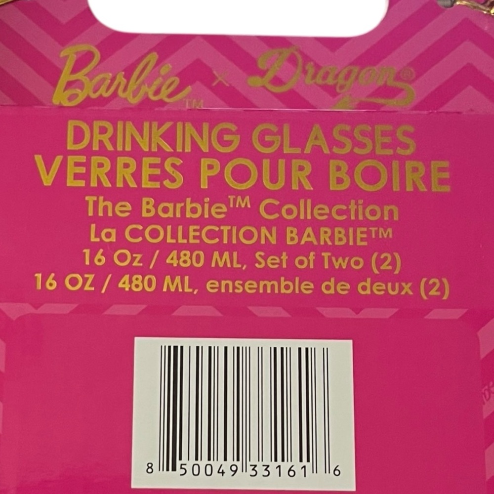 Barbie Dragon Glassware 16 oz Can Glasses Pink Set Two New in Box - Picture 4 of 4
